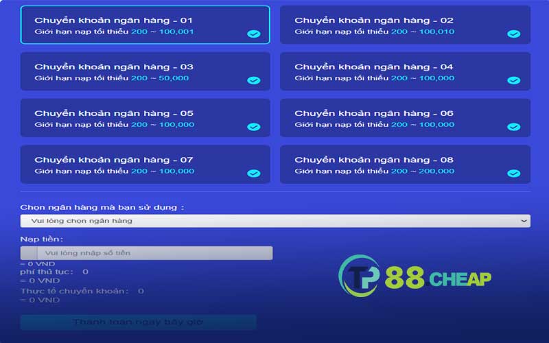 nạp tiền tp88 bằng chuyển khoản ngân hàng